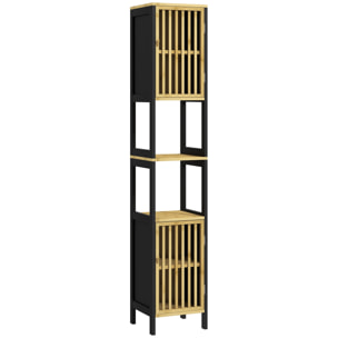 Meuble colonne salle de bain 2 portes 4 étagères MDF noir bambou verni