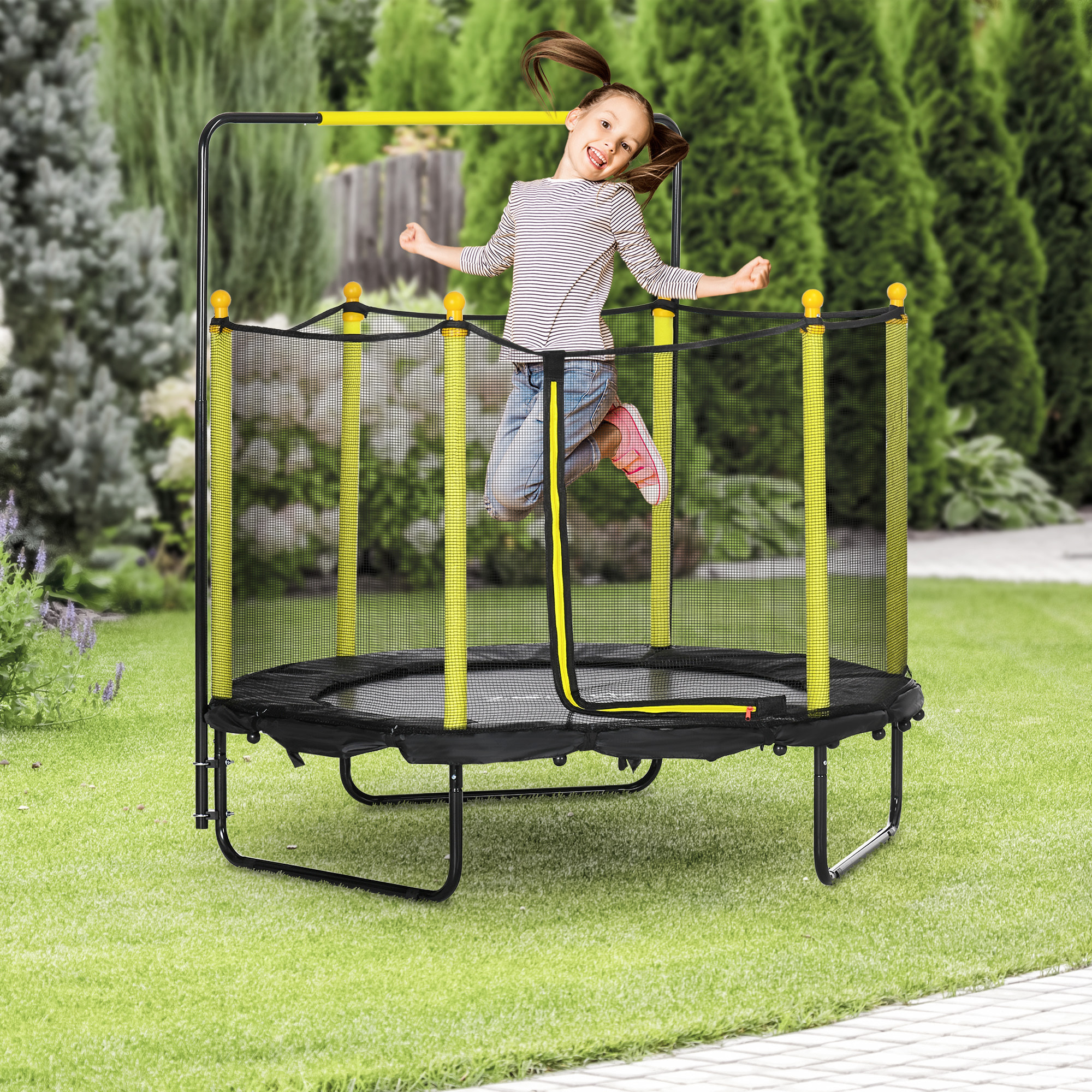 Cama Elástica Infantil Ø110 cm Trampolín para Niños con Red de Seguridad y 3 Patas de Acero en Forma de U Carga 50 kg para Interior Negro