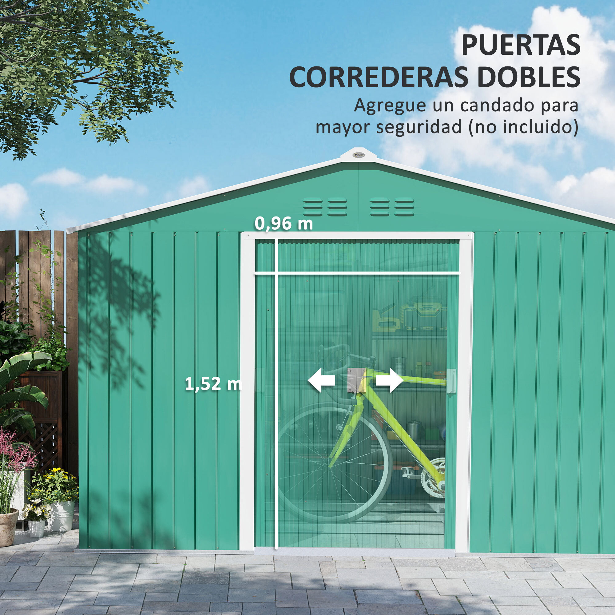 Caseta de Jardín Exterior 4,9 m² 277x195x192 cm Cobertizo de Jardín Exterior con Puerta Corredera Techo de Fibra de Vidrio Base Refuerzo (Suelo NO Incluido) y 4 Ventanas Verde