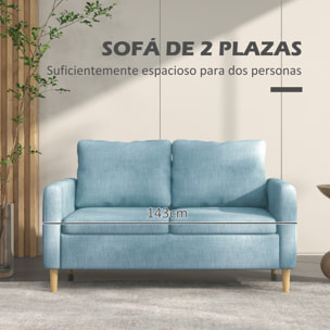 Sofá de 2 Plazas Sillón Moderno Tapizado en Poliéster con 2 Bolsillos Laterales Reposabrazos y Patas de Madera para Dormitorio Oficina Carga 200 kg 143x76x83 cm Azul Claro