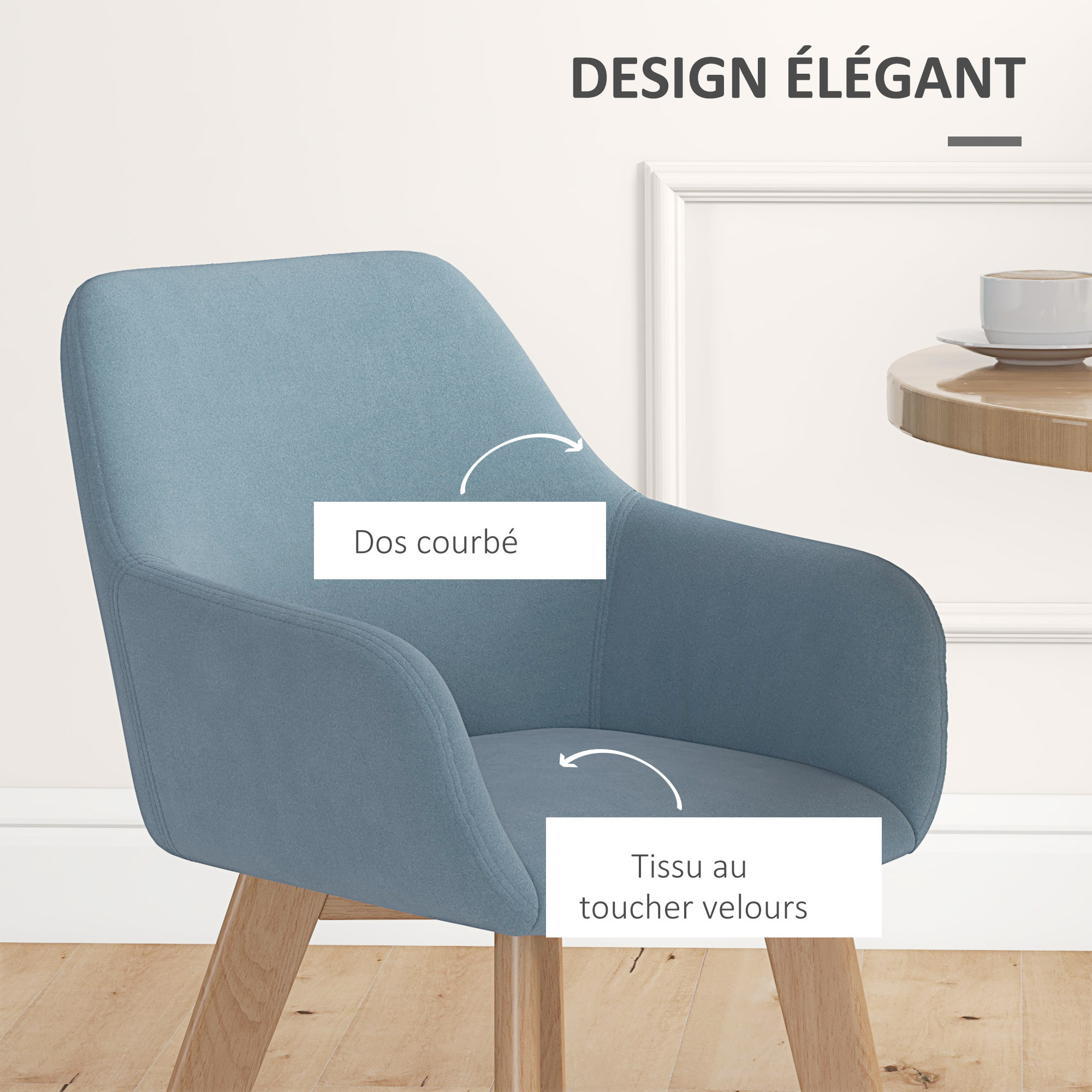 Chaises de visiteur design scandinave - lot de 2 chaises - pieds bois hévéa - assise dossier accoudoirs velours bleu