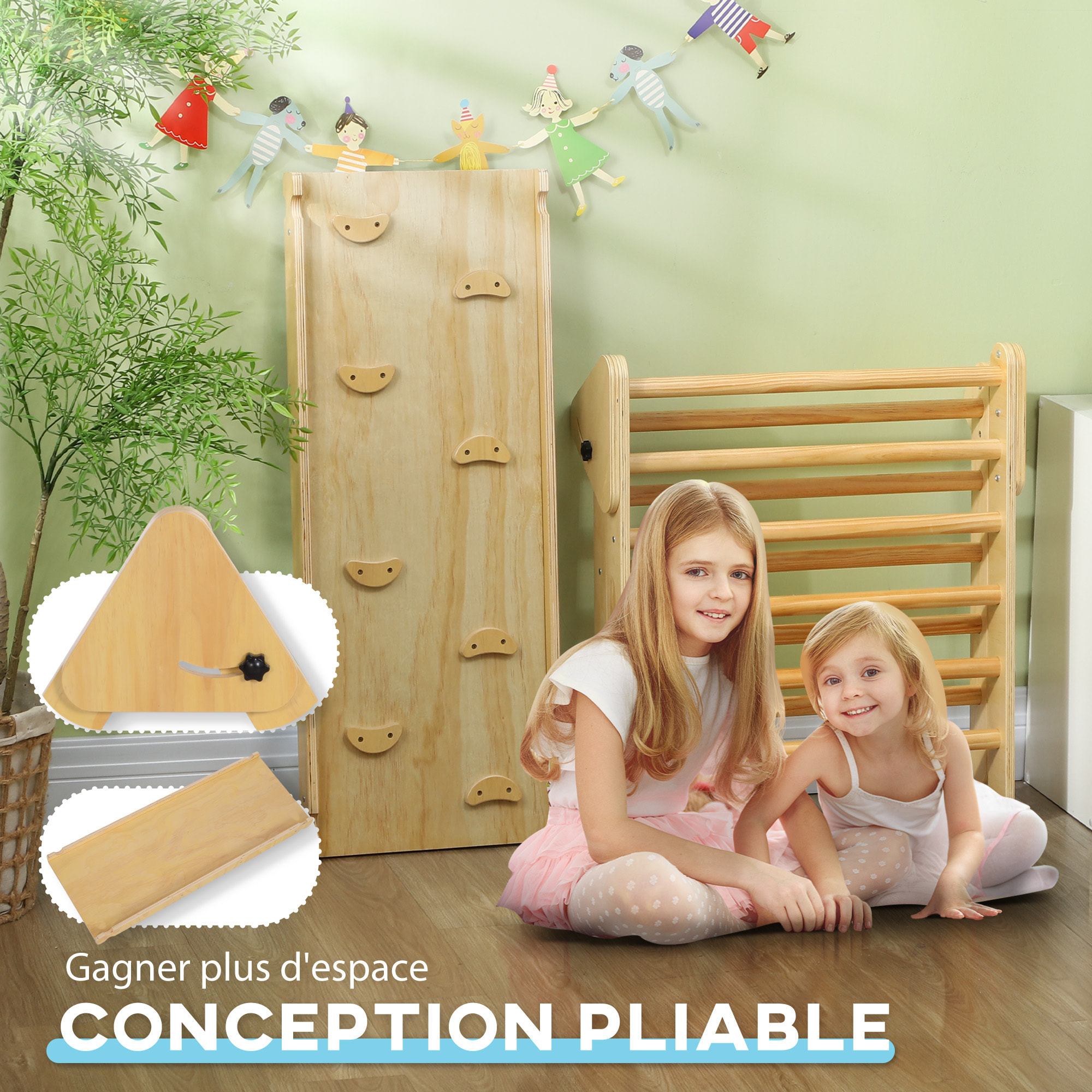 Ensemble d'escalade en bois 3 en 1 - triangle Pikler, toboggan, rampe - panneaux bois pin