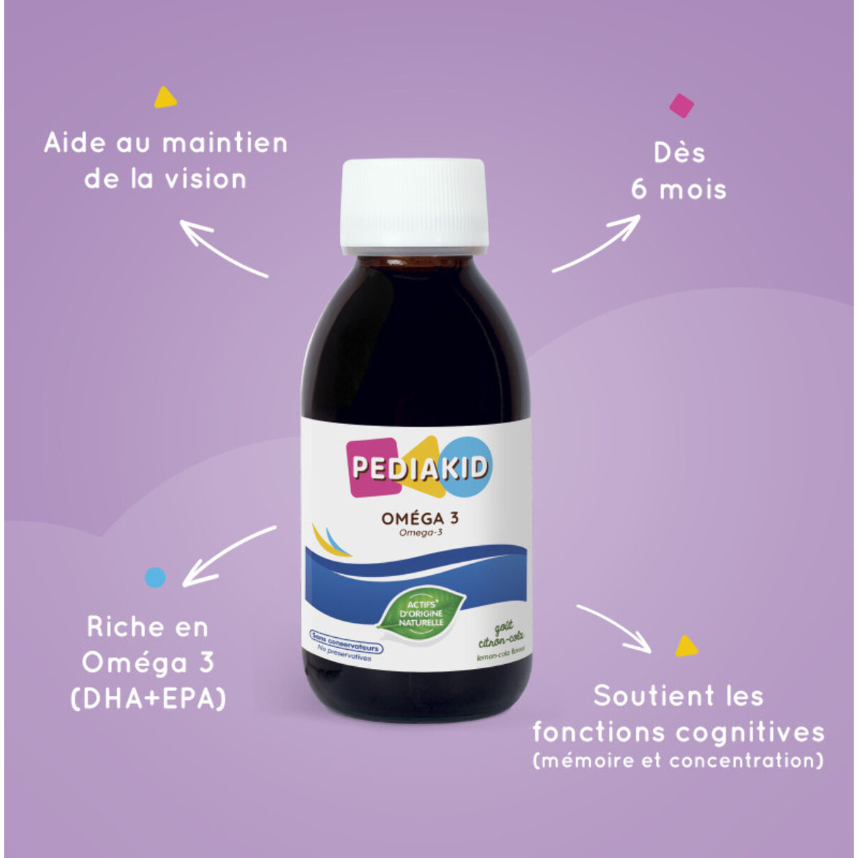 PEDIAKID - Oméga 3 - Complément Alimentaire Naturel - Formule Exclusive au Sirop d'Agave - Riche en DHA - Favorise le Bon Fonctionnement du Cerveau - Goût Citron-Cola - Lot de 3 Flacons 125 ml