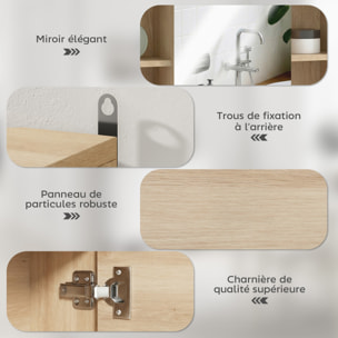 Armoire miroir salle de bain porte 4 étagères latérales 2 étagères intérieures effet bois clair naturel