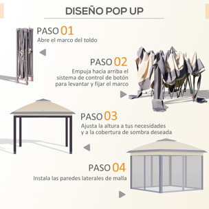 Carpa Plegable 3,3x3,3 m Altura Ajustable Cenador de Jardín con Doble Techo 4 Mosquiteras Extraíbles y Bolsa de Transporte para Camping Fiestas Beige