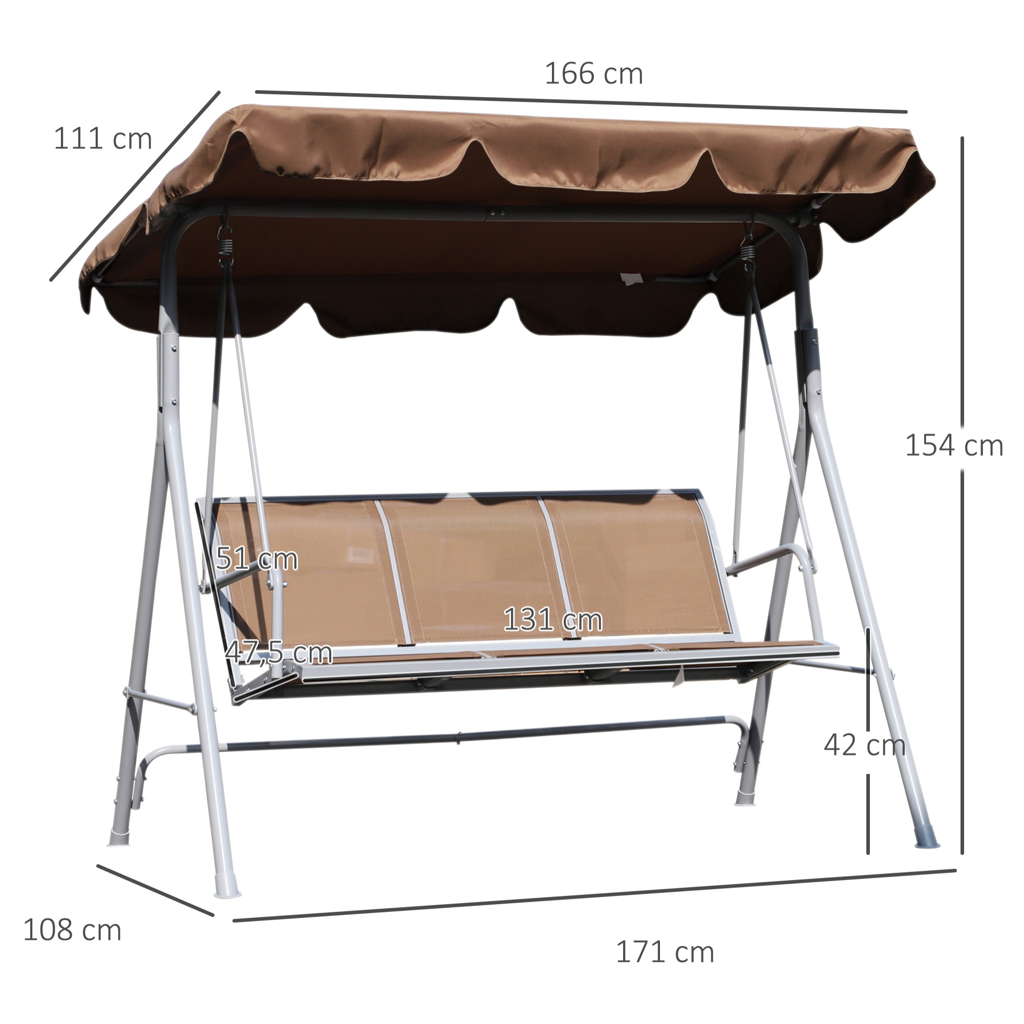 Columpio Balancín de Jardín de 3 Plazas con Toldo Ajustable 171x108x154cm Marrón