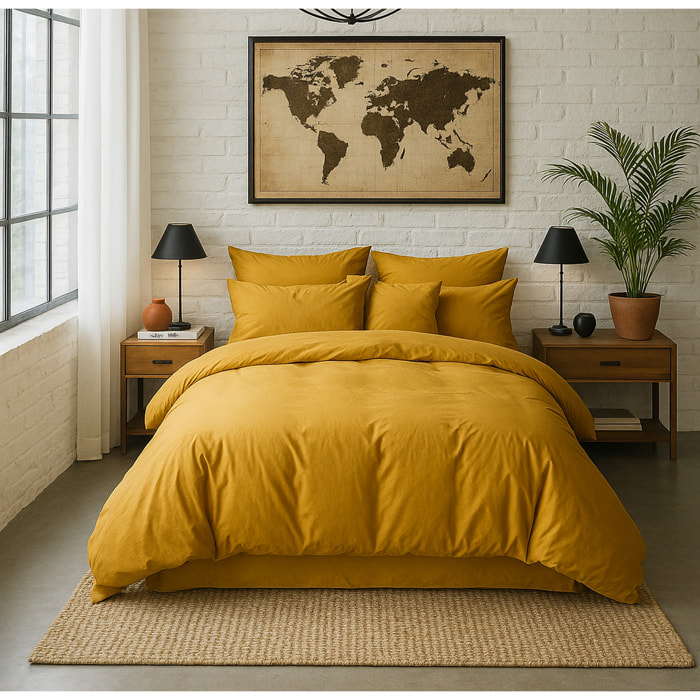 Housse de couette percale de coton jaune moutarde
