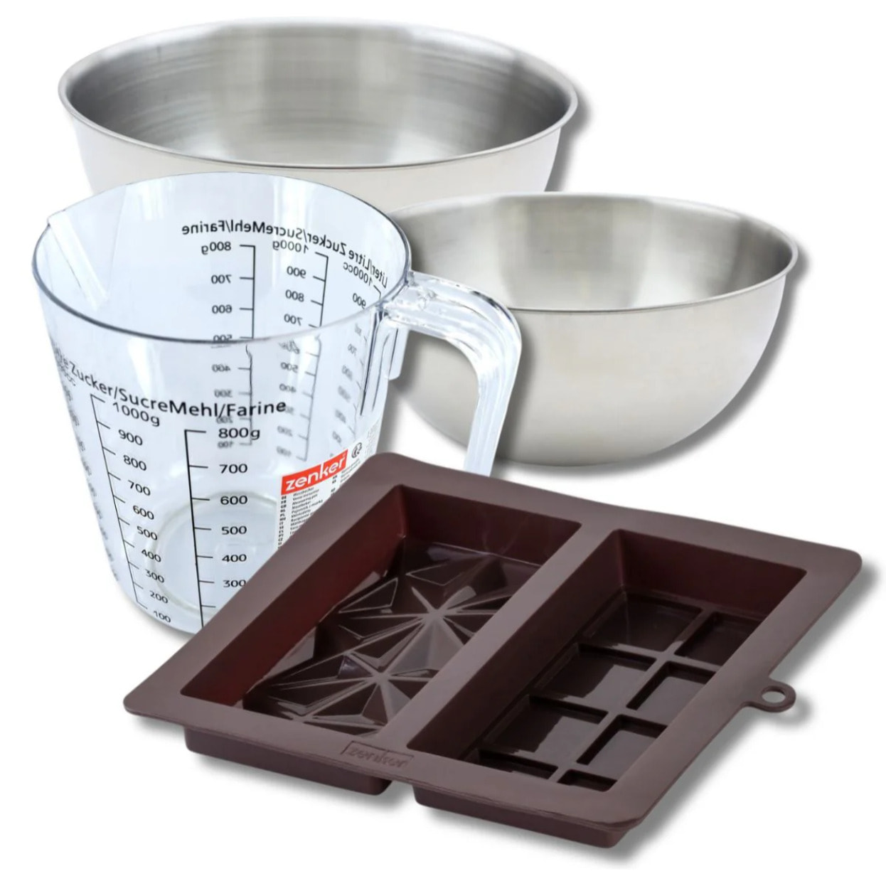 Set pâtisserie avec double moule à chocolat de Dubaï, 2 bols à mixer, verre mesureur et spatule Zenker