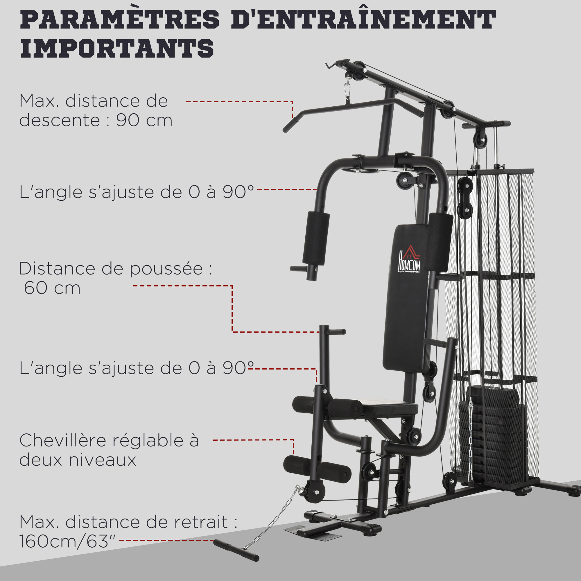 Station de musculation - entrainement complet - développé couché, butterfly, barre latissimus, curler, bande résistance - 10 contrepoids - acier noir