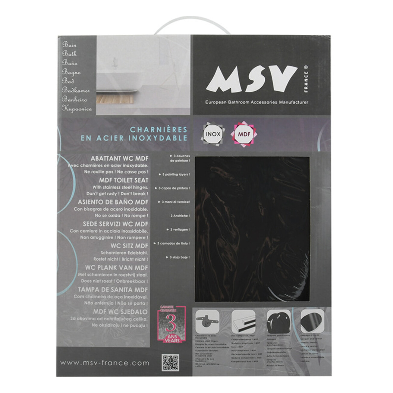 MSV Abattant WC MDF CLEO Noir Brillant - Charnières Inox