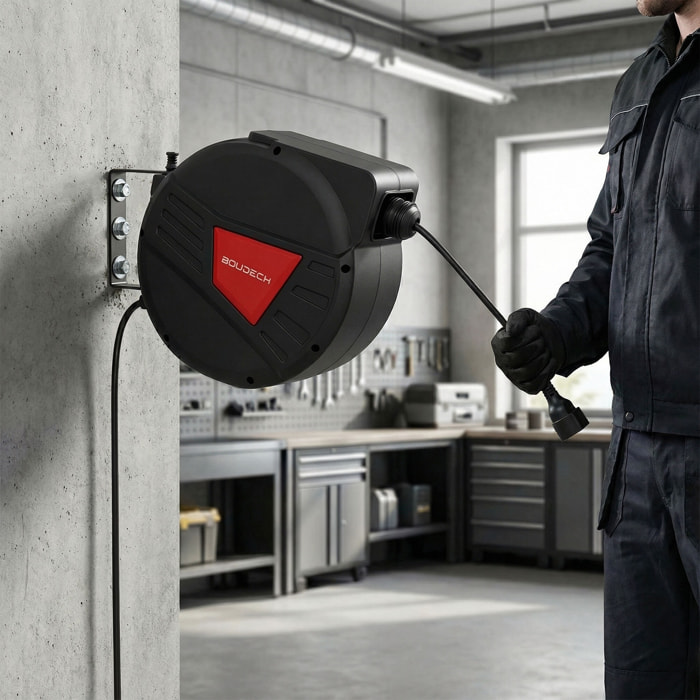 Denki 15 - Avvolgicavo Elettrico Automatico da Parete 15 m per esterno interno 250V Attacco Shuko in Polypropylene Nero