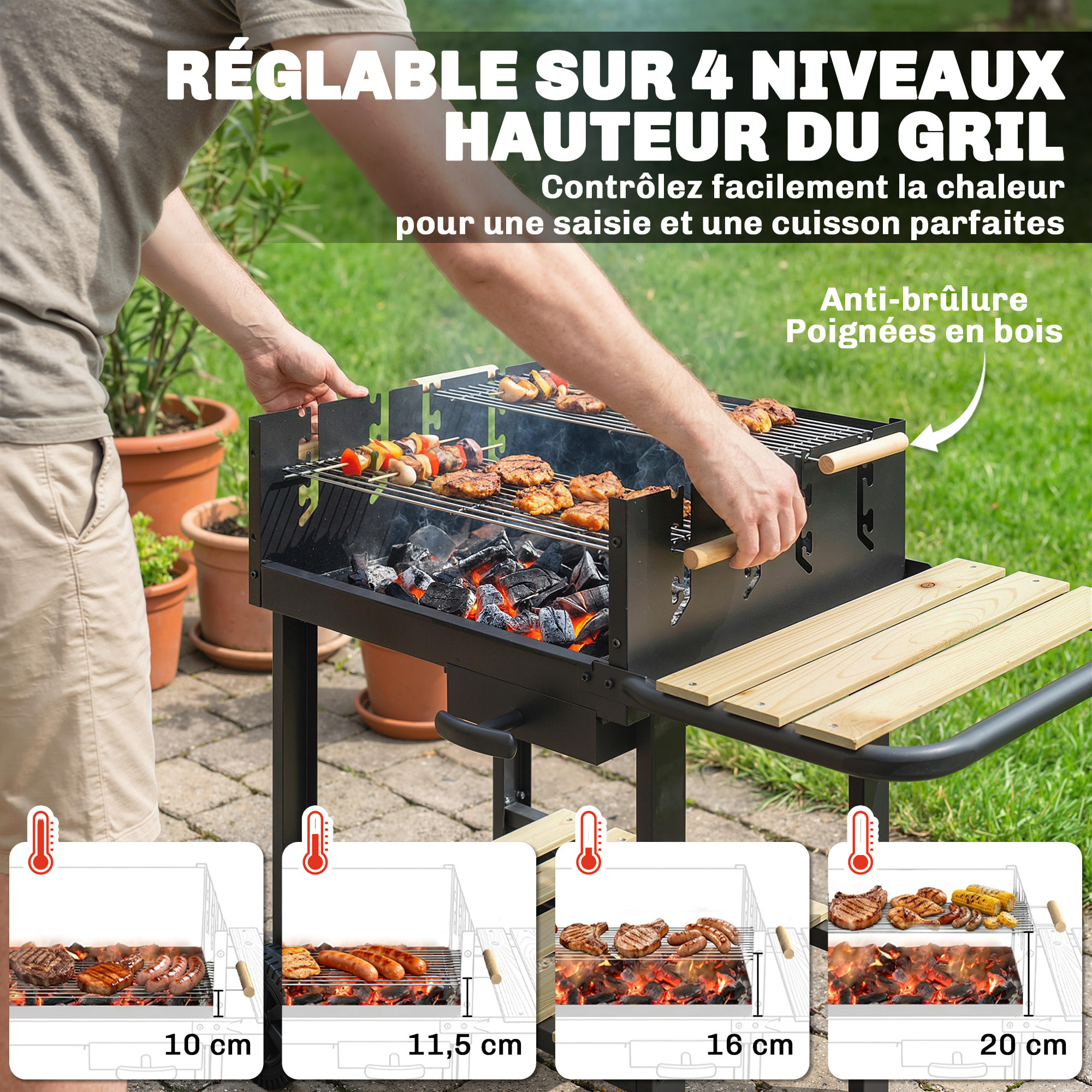 Barbecue charbon 2 grilles réglables 2 étagères roues