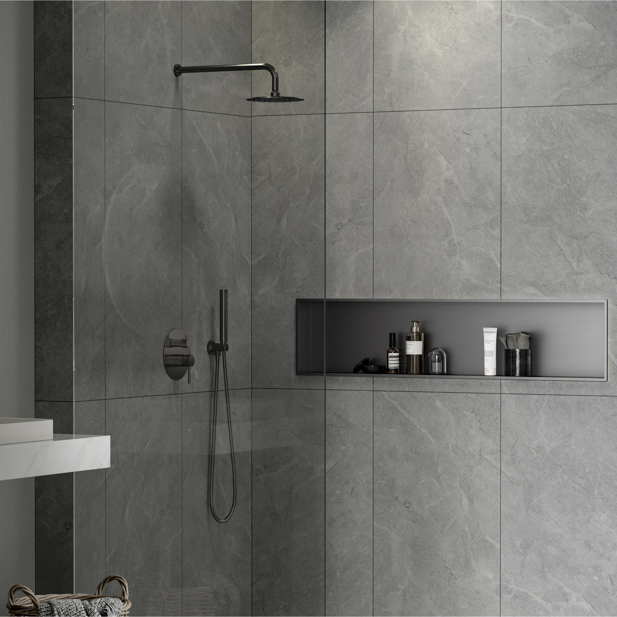 Aurum Niche de Douche à encastrer, Acier Inoxydable 304, 121x28x10cm, Gun Métal brossé PVD (SATAURN12128BGM)