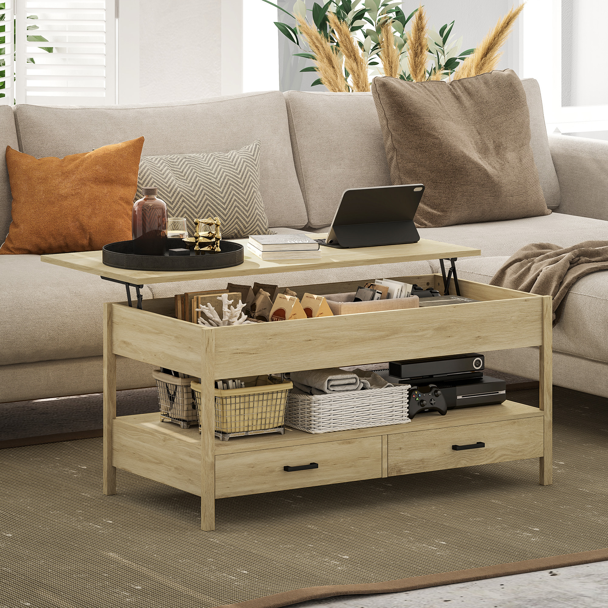 Mesa de Centro Elevable Mesa de Café con Encimera Elevable Espacio Oculto de Almacenaje Cajones y Estante Abierto 100x50x48-62 cm Roble