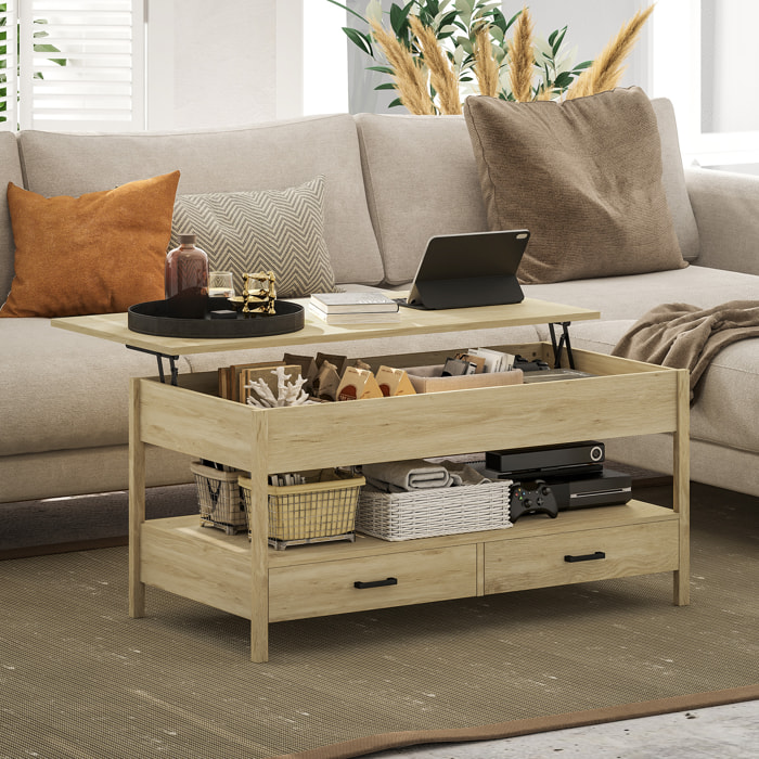 Mesa de Centro Elevable Mesa de Café con Encimera Elevable Espacio Oculto de Almacenaje Cajones y Estante Abierto 100x50x48-62 cm Roble