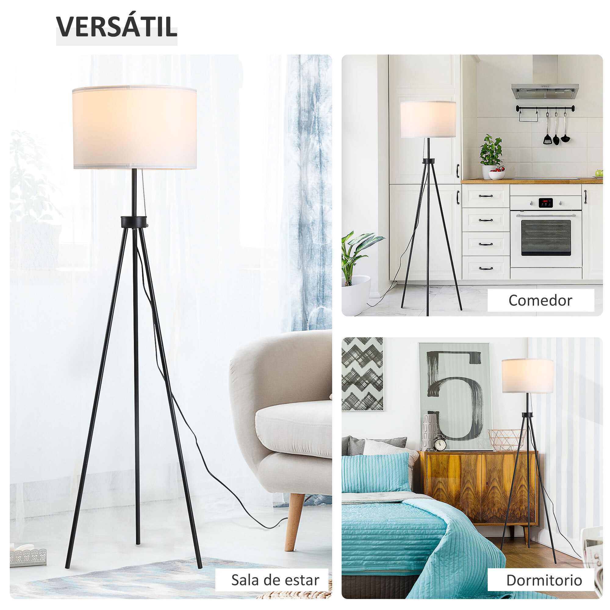 Lámpara de Pie Moderna Lámpara de Pie Salón con Pantalla Redonda Trípode y Casquillo E27 Lámpara para Dormitorio Sala de Estar Blanco y Negro