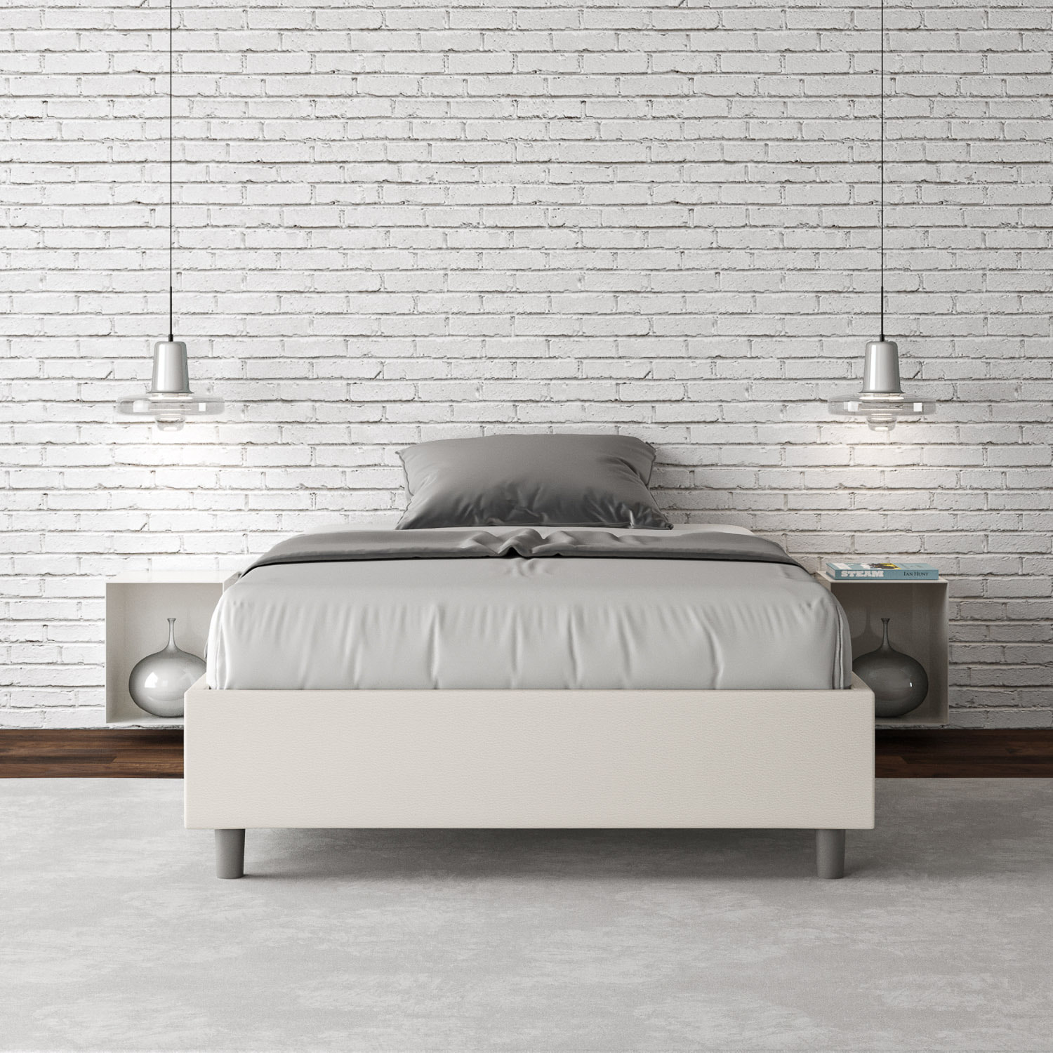 Cama con somier acolchada 140x190 cuero sintético blanco Azelia