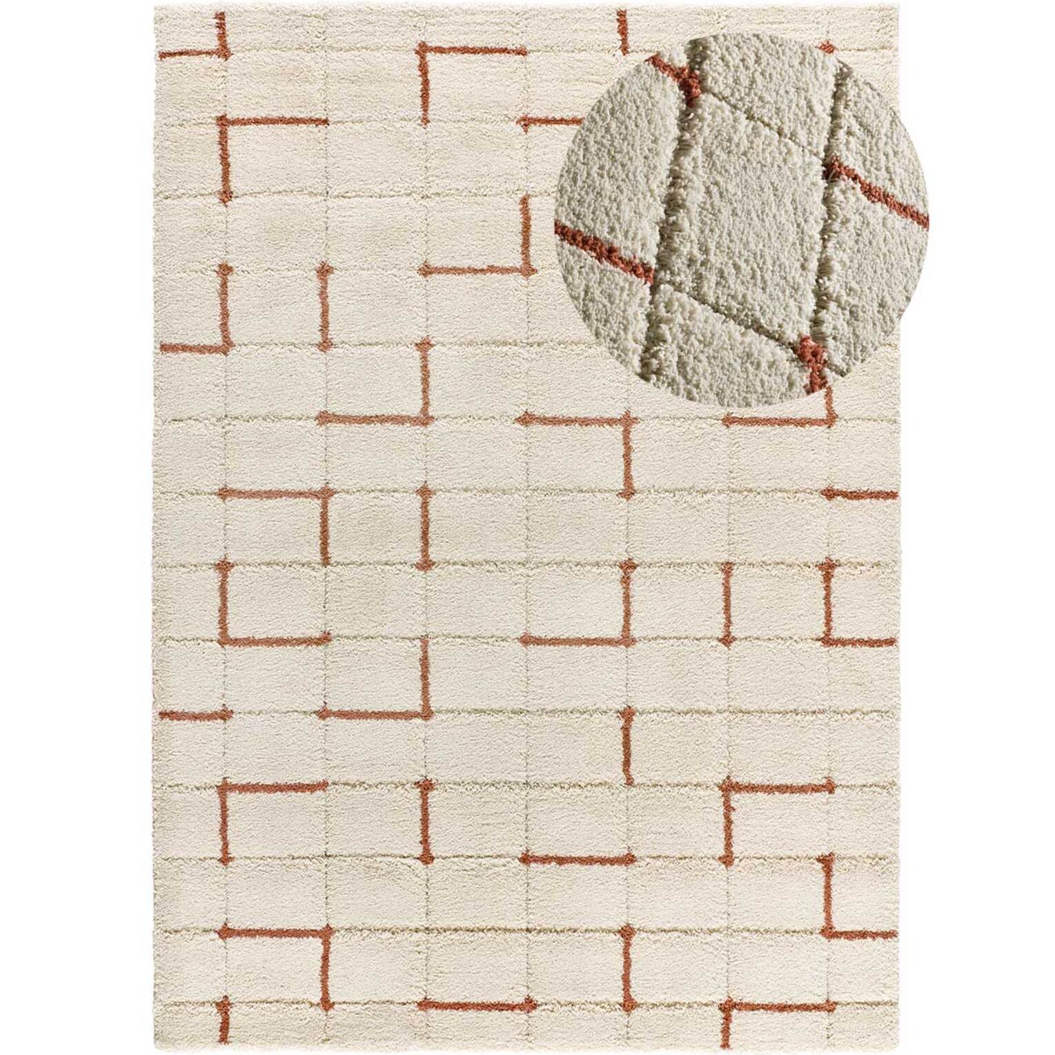 BRENDA Alfombra shaggy geométrica con relieve beige y motivos caldera, varias medidas disponibles