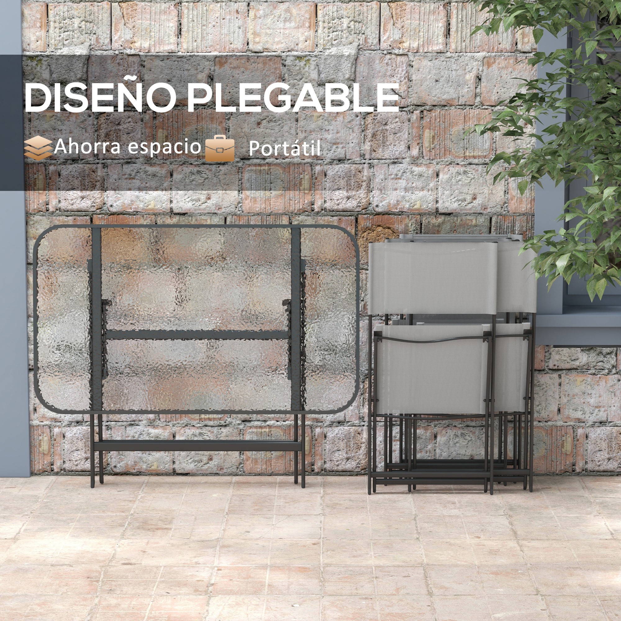 Conjunto Mesa y 4 Sillas de Jardín Plegable Juego de Comedor de 5 Piezas con Mesa de Vidrio Templado Estilo Moderno para Terraza Patio Gris