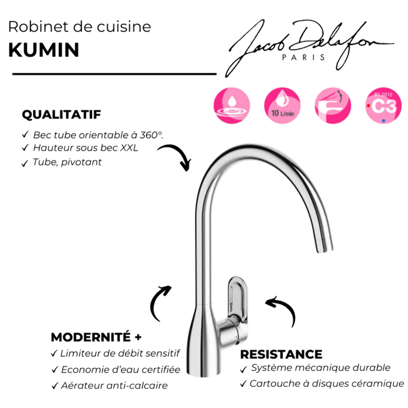 Evier à encastrer 1 bac Gaspard + robinet cuisine Kumin