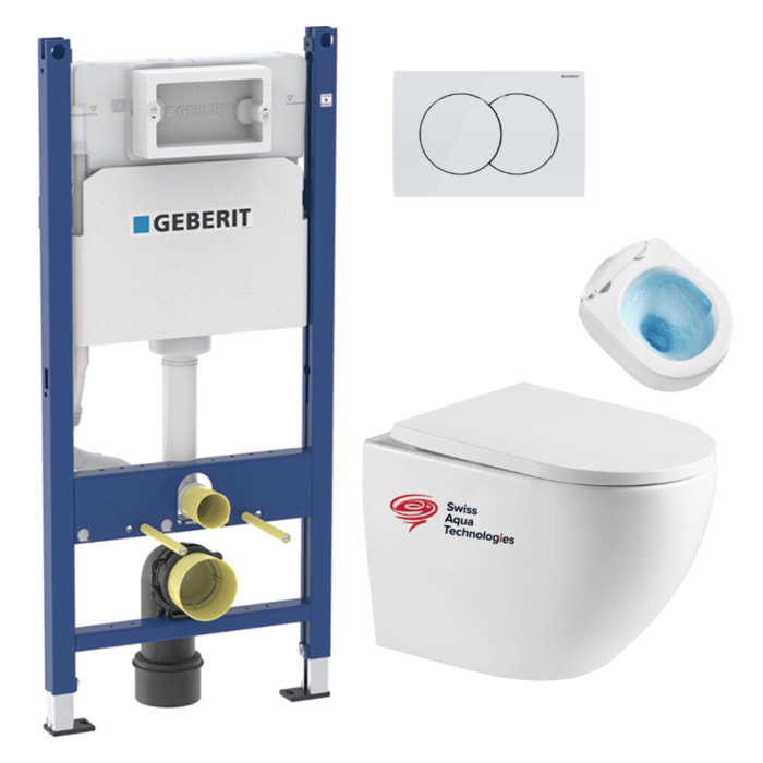 Pack WC Bati-support Geberit Duofix + WC sans bride Swiss Aqua Technologies + Plaque de commande Delta01 Blanche (FusionTQGeb3)