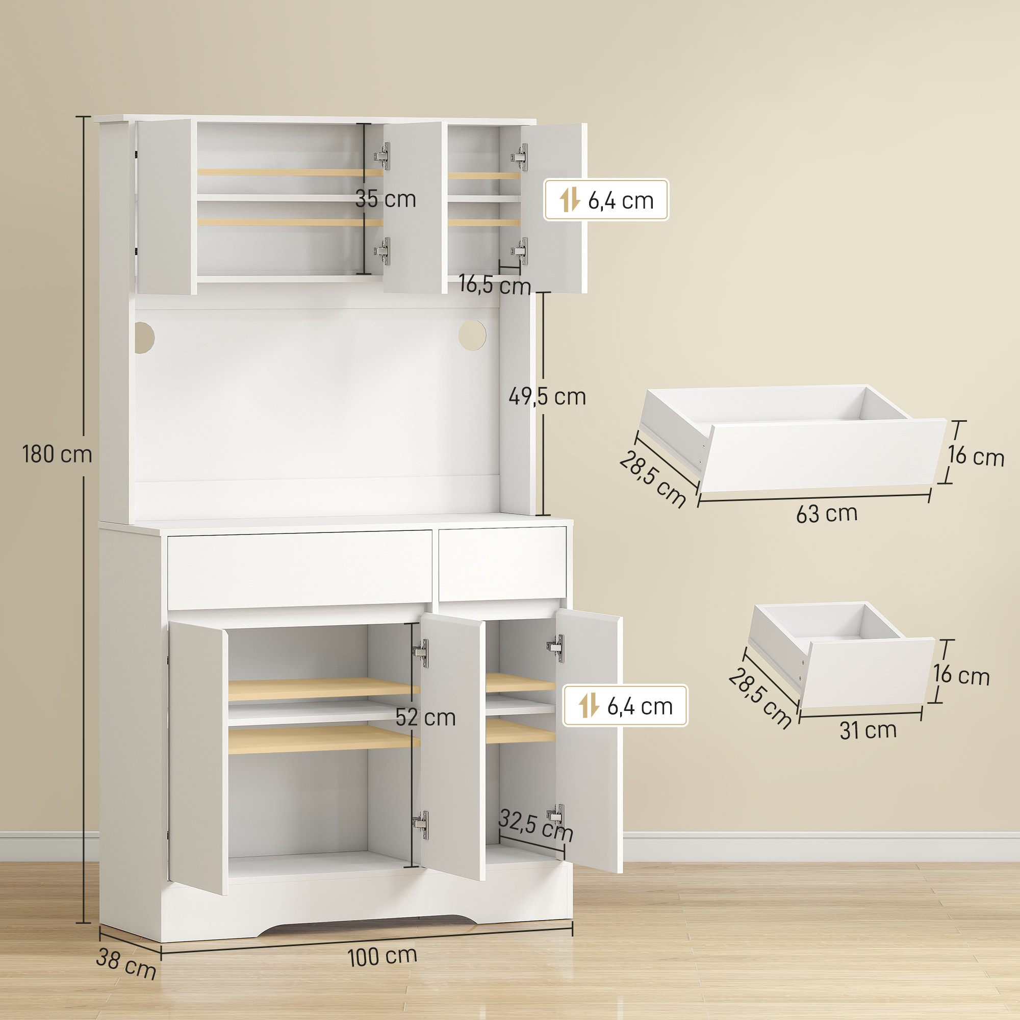 Buffet haut armoire cuisine design LED 6 portes 4 étagères 2 tiroirs grand plateau blanc