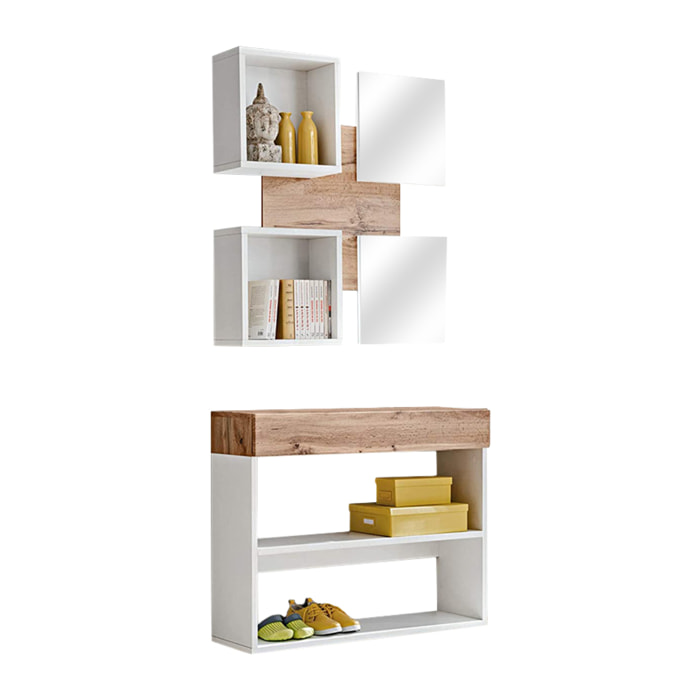 Mobile Ingresso Moderno Con Specchi E Vani A Giorno Consolle Sospesa Design Elegante Salvaspazio Per Corridoio 100 x 170 x 30 Cm Bianco E Rovere