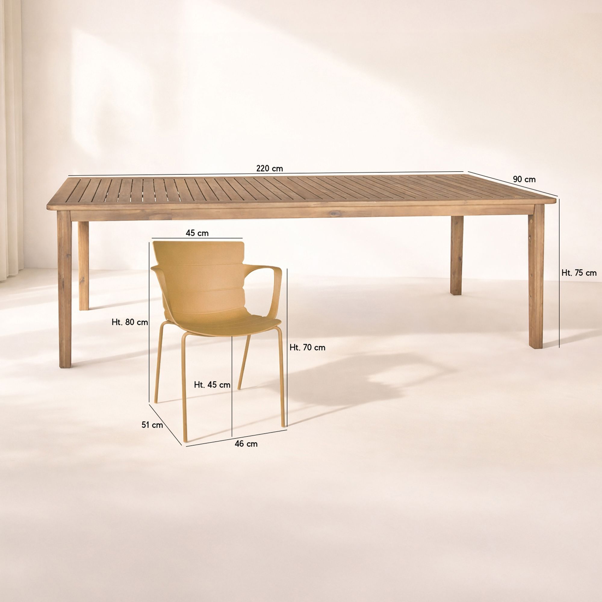 Ensemble de jardin table en bois d'acacia et 8 fauteuils ocre MONTAUK