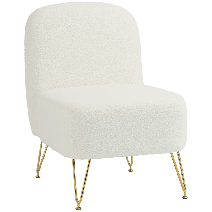 Fauteuil lounge design bouclette piètement épingle acier doré