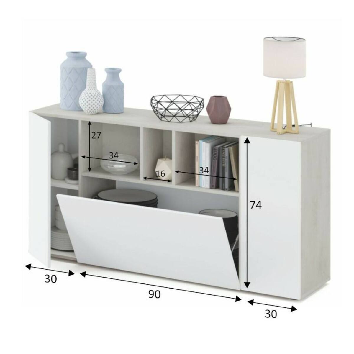 Credenza Paterson, Madia moderna a 3 ante, Buffet da soggiorno con scomparti, Madia da salotto, Mobile Porta TV, cm 150x41h76, Bianco e Cemento