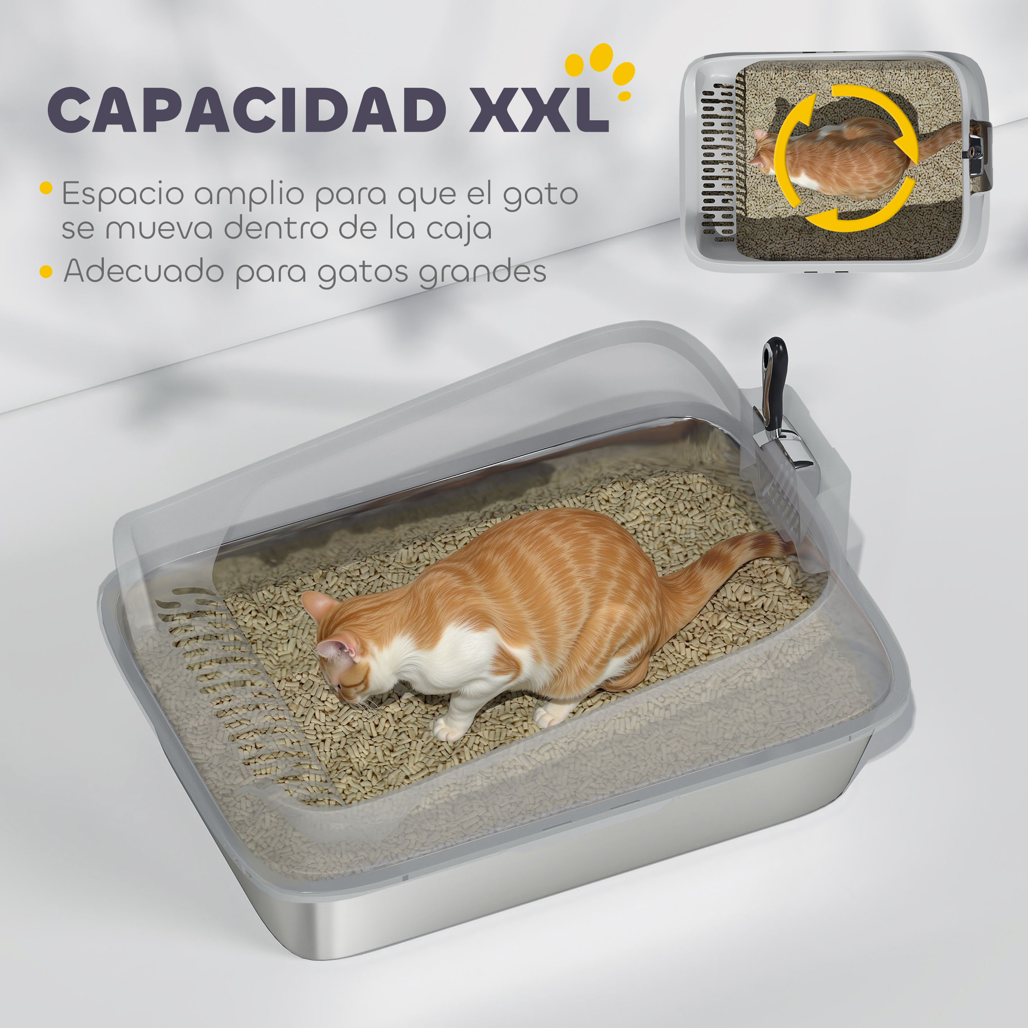 Arenero para Gatos de Acero Inoxidable XXL Caja de Arena para Gatos Arenero con Borde Alto Pala Fácil de Limpiar Prueba de Fugas 70x50x30 cm Gris