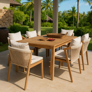 Ensemble de jardin table et 6 chaises en bois avec coussin FIDJI