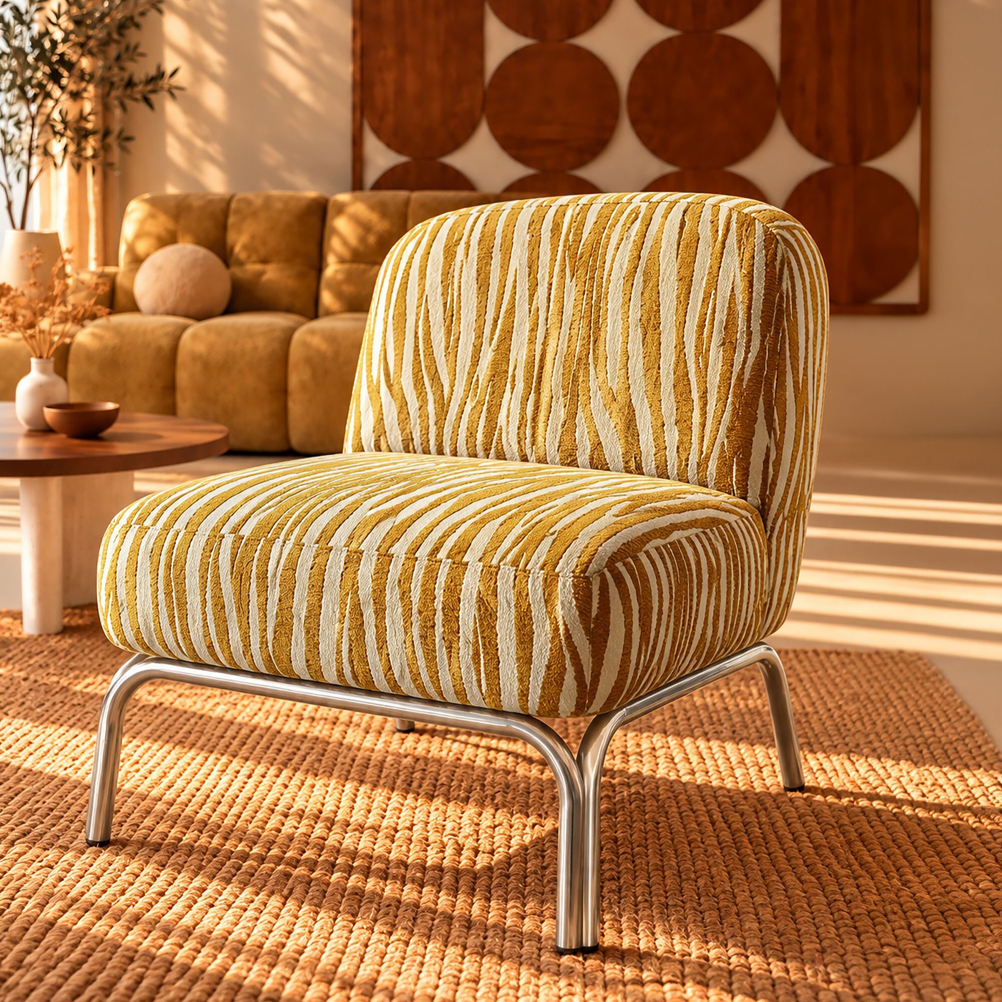 Fauteuil en tissu chenille zebré ocre et pied chromé SAVARA