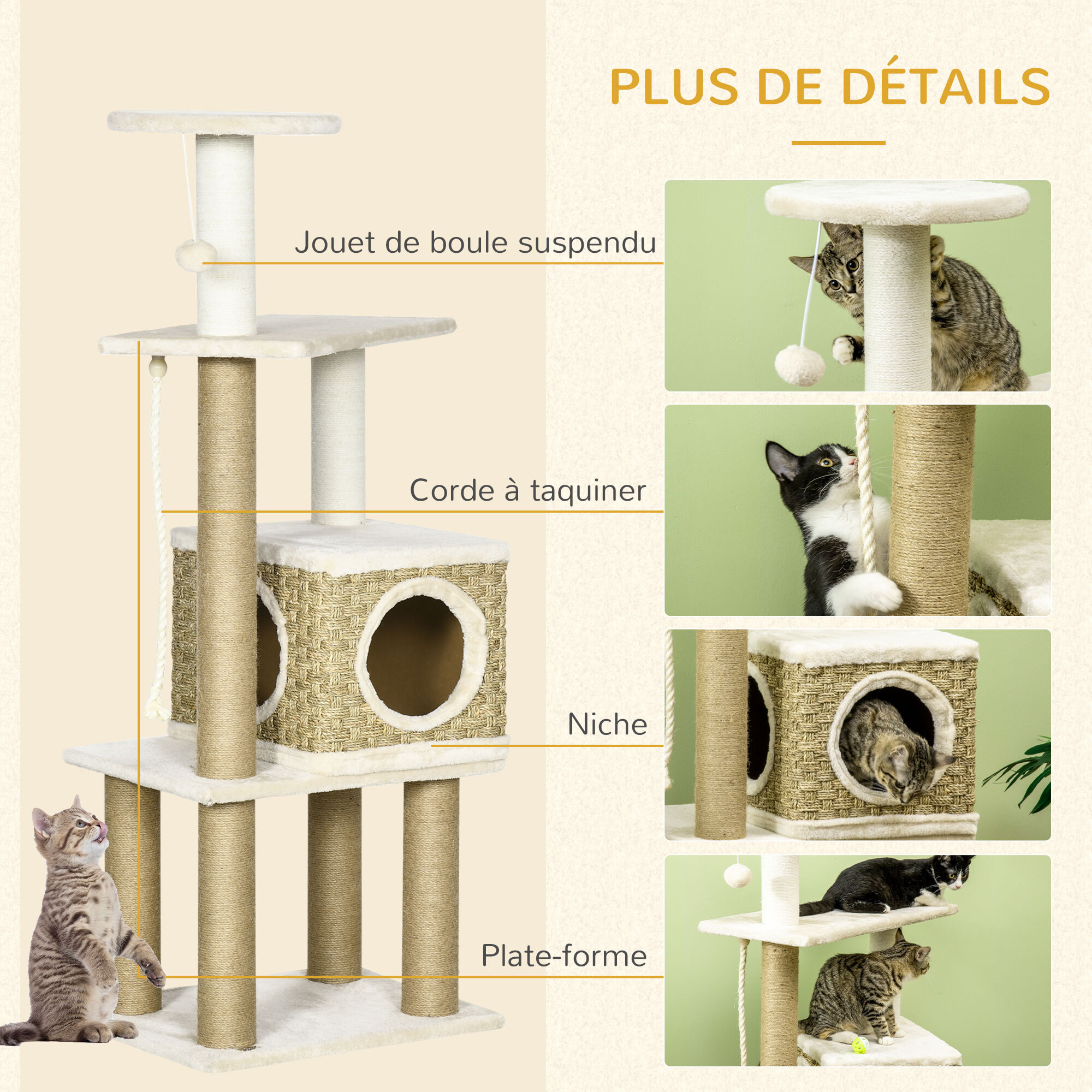 Arbre à chat style cosy chic griffoirs sisal naturel niche plateformes corde jeu boule peluche courte cordes d'algues tressées