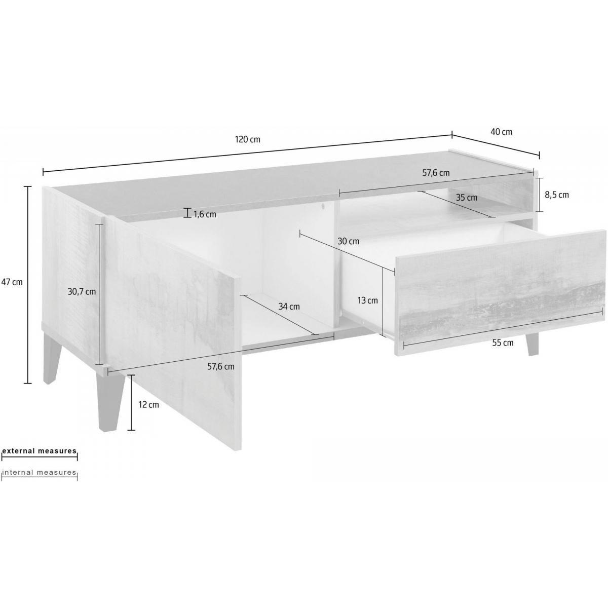 Mobile da soggiorno Porta TV, Made in Italy, Supporto per TV da salotto a 1 anta e 1 cassetto, Cm 120x40h47, Bianco lucido e Acero