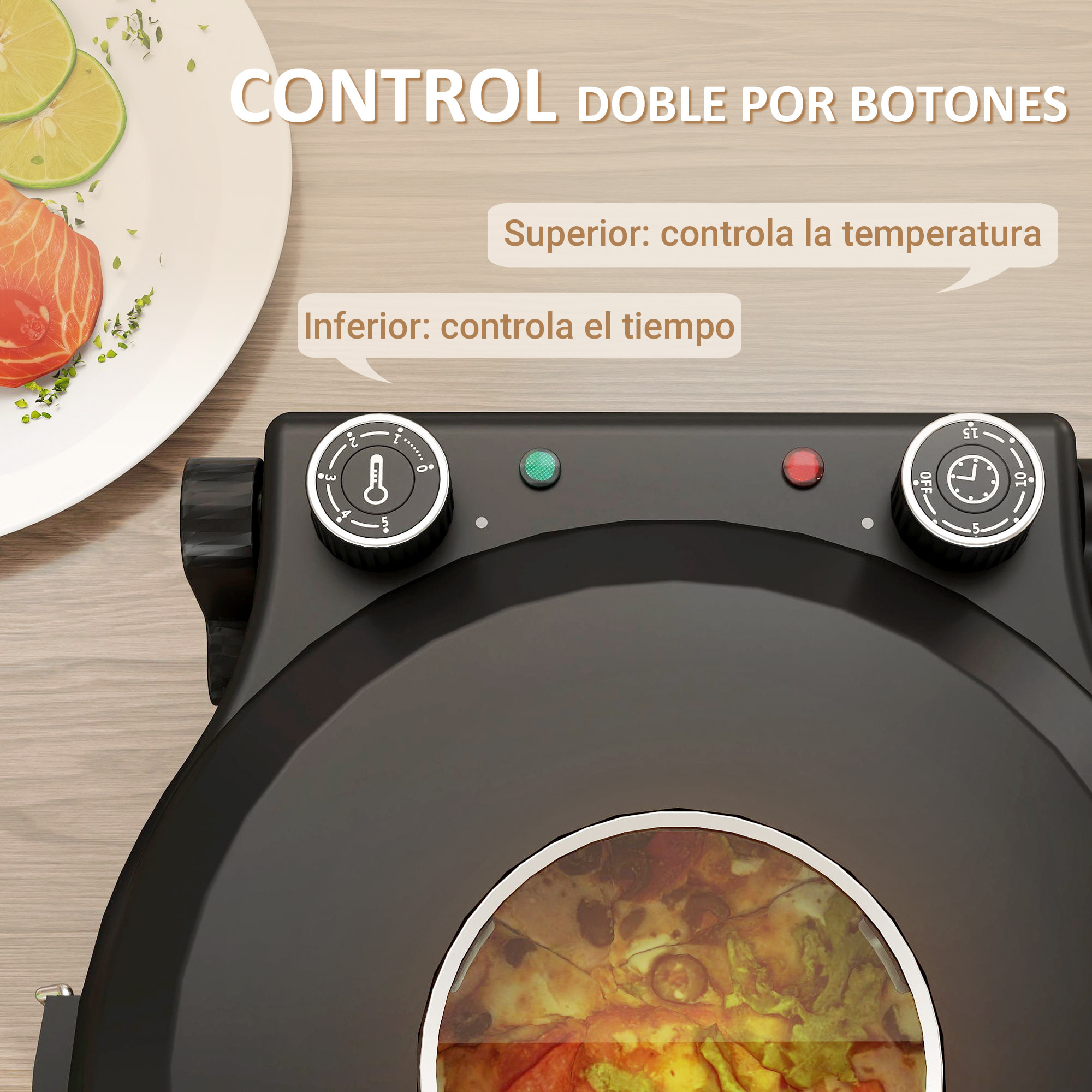 Horno para Pizza en 5 Minutos 1200W Horno Pizza Eléctrico con Temporizador 15min Temperatura hasta 430℃ Ventana de Visualización Indicador Luminoso Negro