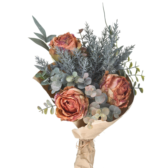 Bouquet Romantico Con Rose. Altezza 30 Cm - Pezzi 2 - 20X30X20cm - Colore: Arancio - Bianchi Dino - Fiori Artificiali