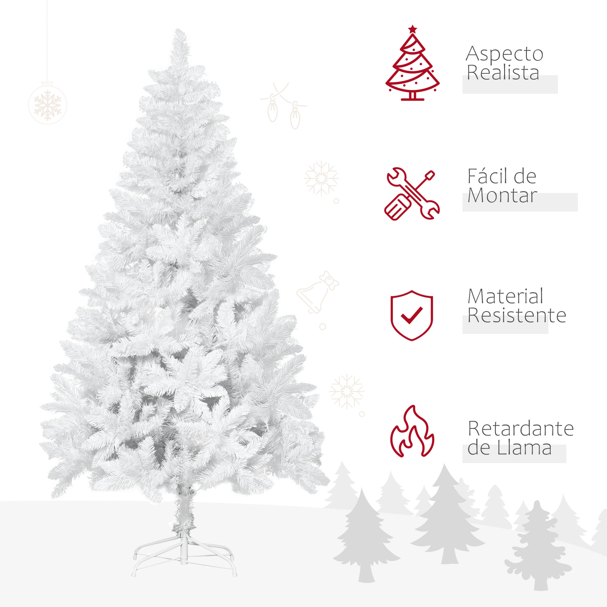 HOMCOM Árbol de Navidad Artificial Plegable 150 cm Ignífugo con 358 Ramas Hojas de PVC Apertura Automática y Soporte Metálico Decoración Navideña para Interiores Blanco