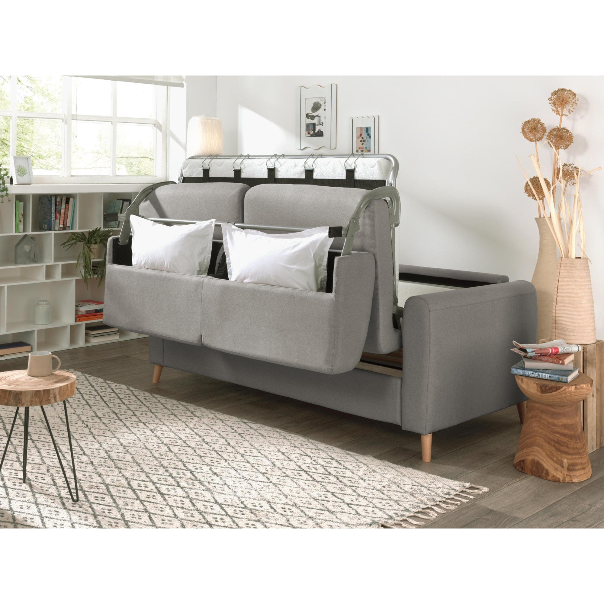 Timo - Canapé 3 places convertible - couchage quotidien - matelas 12 cm - en tissu - Gris clair