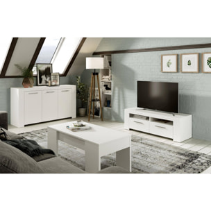 Mobile porta TV Stamford, Credenza per televisione da soggiorno, Supporto TV a 2 ante, Credenza bassa da salotto, cm 120x42h40, Bianco lucido