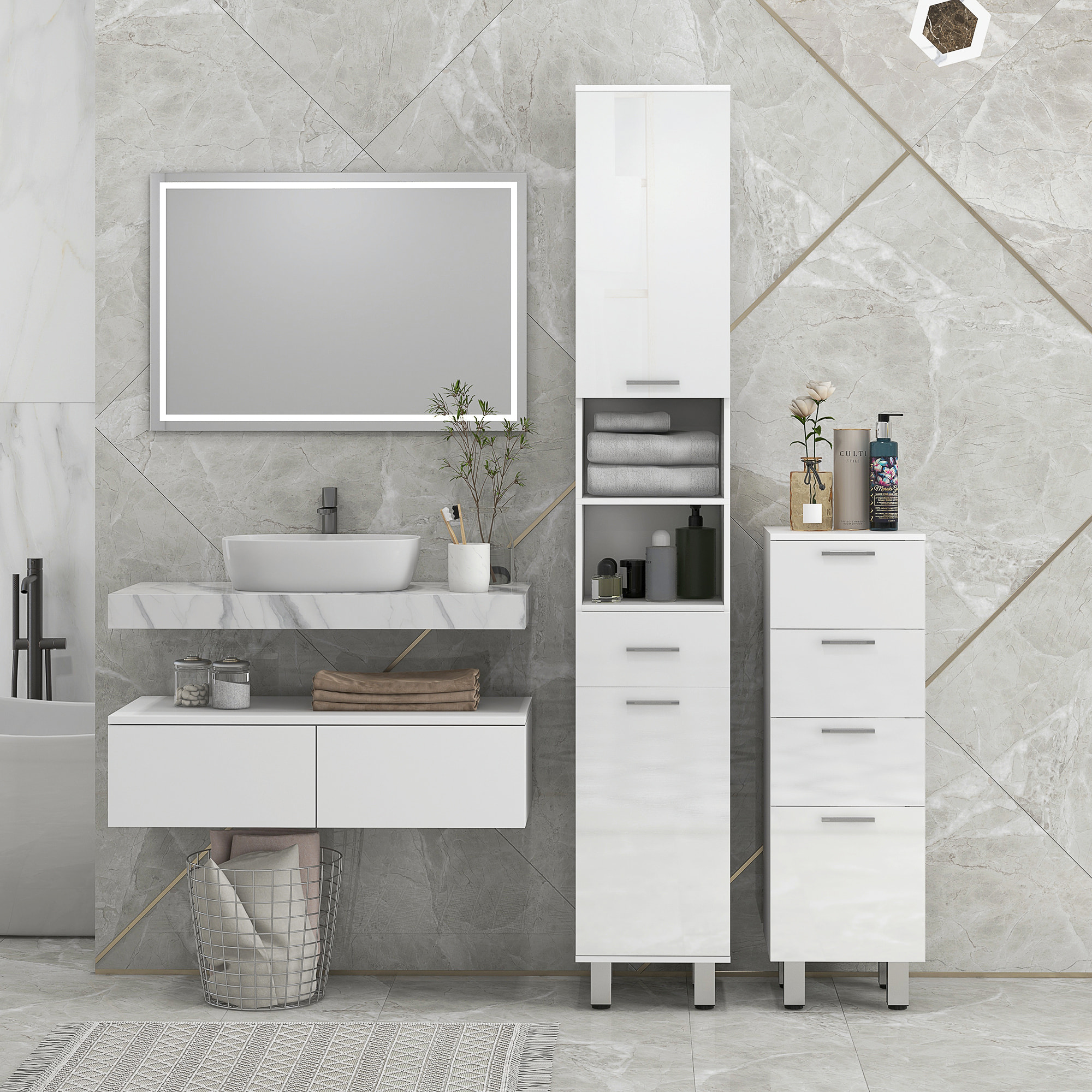 Mueble Auxiliar Baño Moderno Armario de Baño con 4 Cajones y 4 Patas Mueble de Almacenaje para Salón Dormitorio Antivuelco Carga 30 kg 30x30x93 cm Blanco Brillante