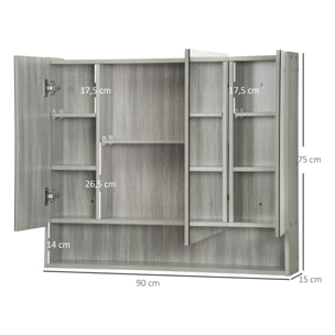 Armoire miroir salle de bain 3 portes 5 étagères, niche - 90 x 15 x 75 cm - effet bois gris