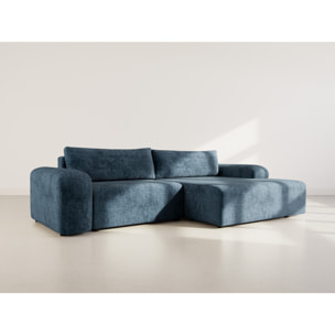 Rebecca - canapé d'angle droit 4 places convertible avec coffre en velours texturé - Bleu