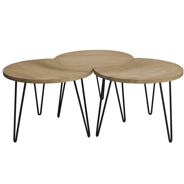 Tables basses gigognes gravées bois manguier massif et métal noir (lot de 3) VIBES