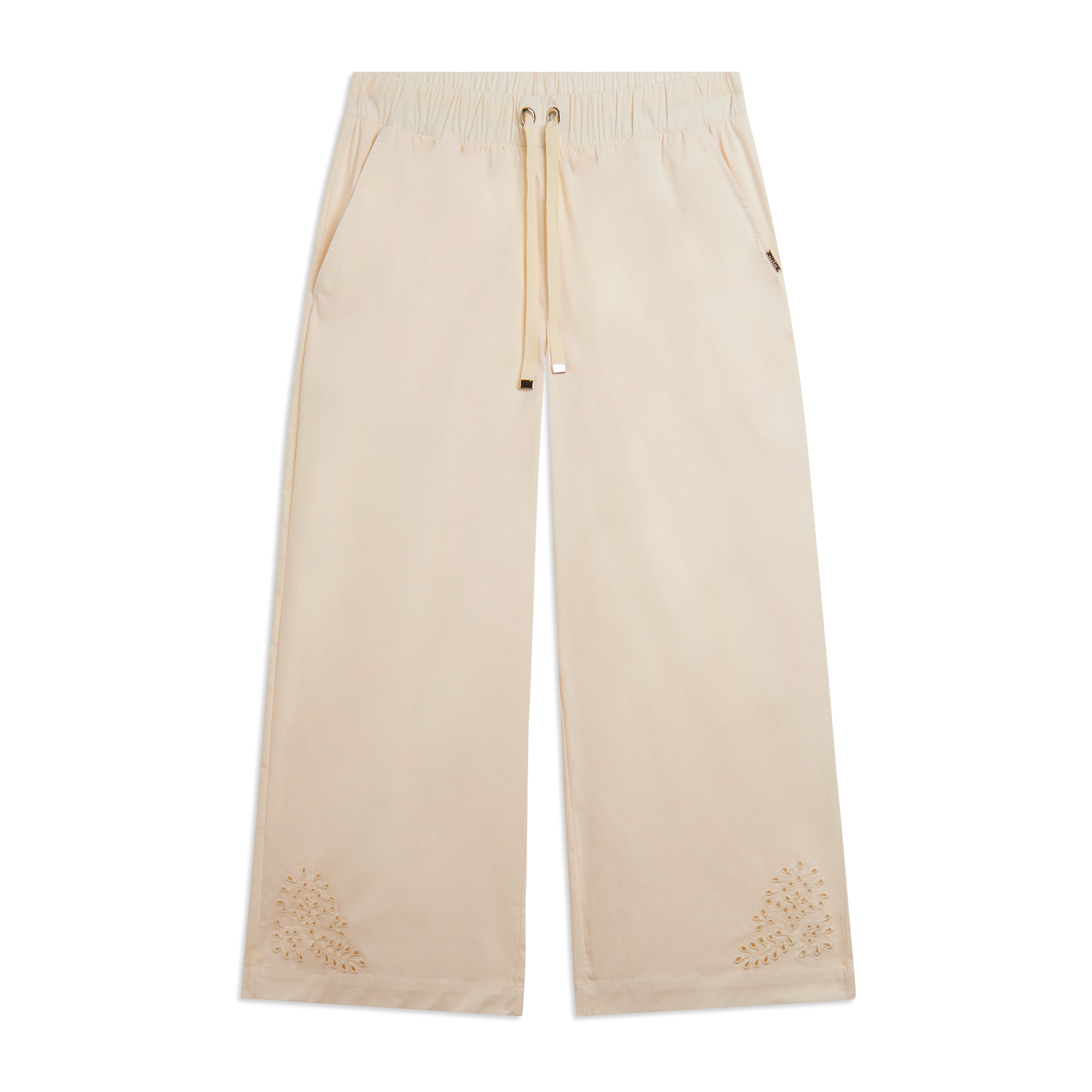 Pantaloni Cropped con Ricamo Floreale al Fondo