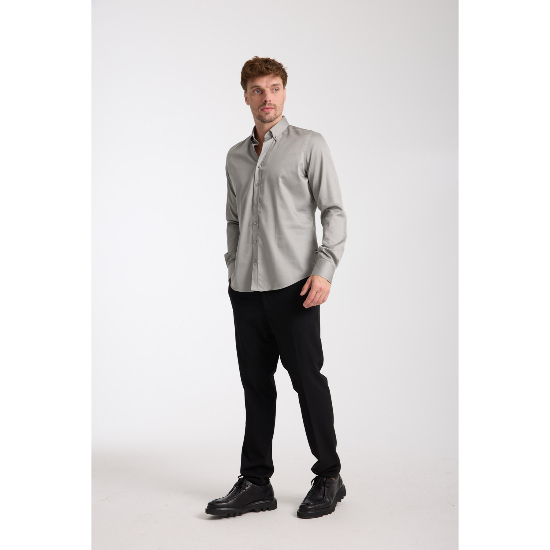 camicia uomo 1 bottone button down slim Satin Unito Grigio Medio