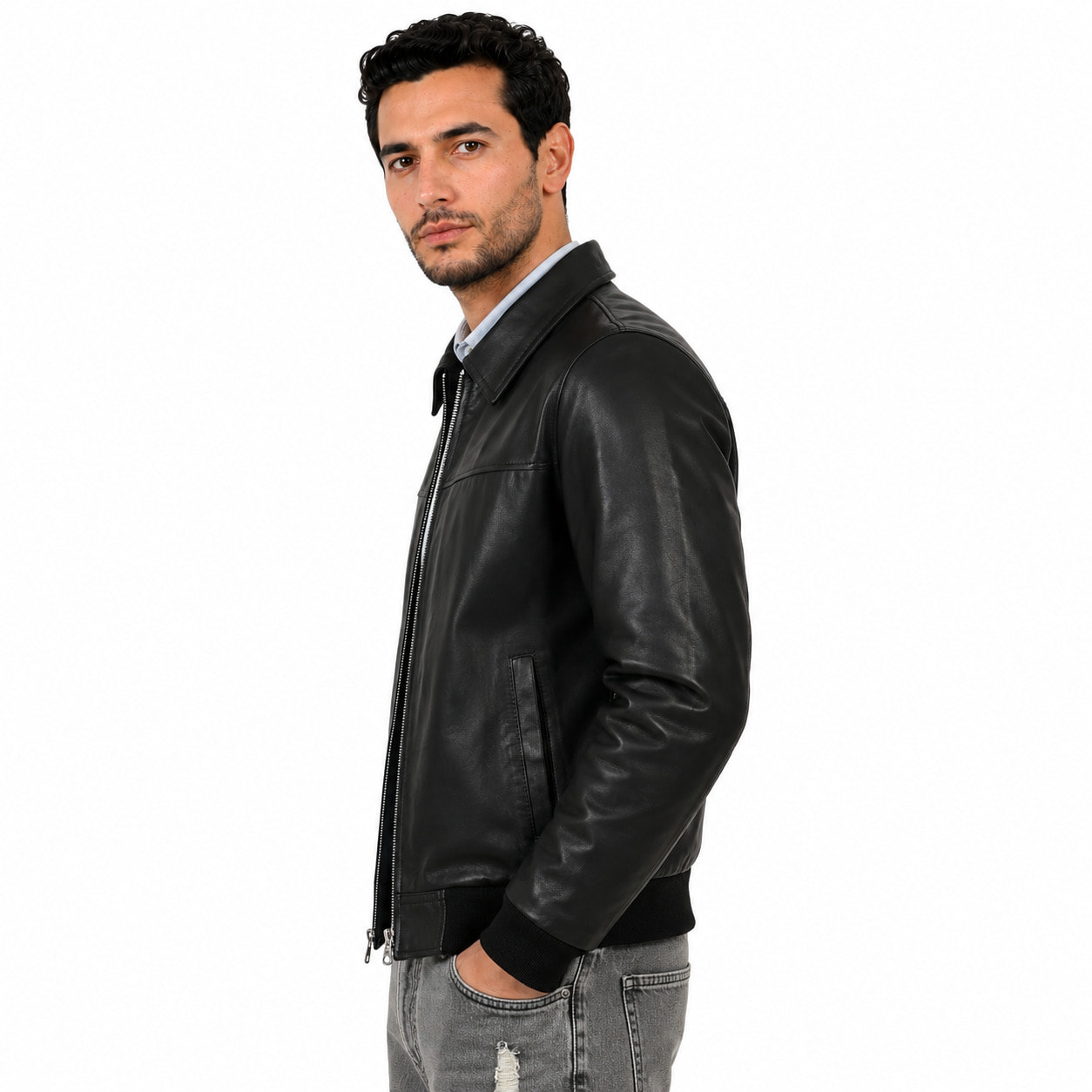 Giubbino in vera pelle di vitello Nero-Slim Fit