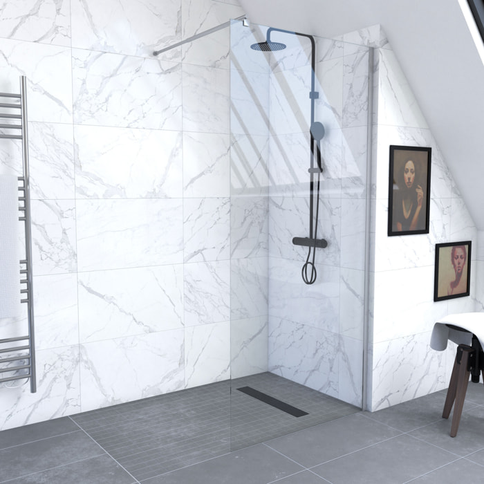 Paroi de Douche 80x200cm Verre Transparent - Barre de Fixation Extensible et Profil Chrome