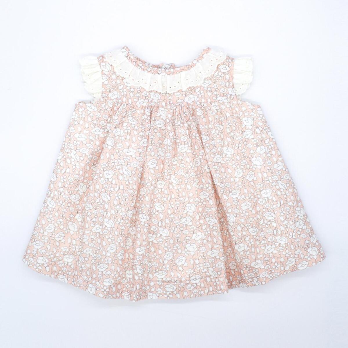 Vestido corto estampado flores rosas, tira bordada en el cuello y las sisas