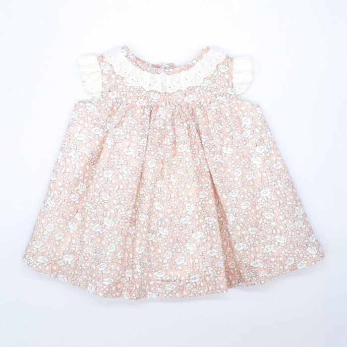 Vestido corto estampado flores rosas, tira bordada en el cuello y las sisas